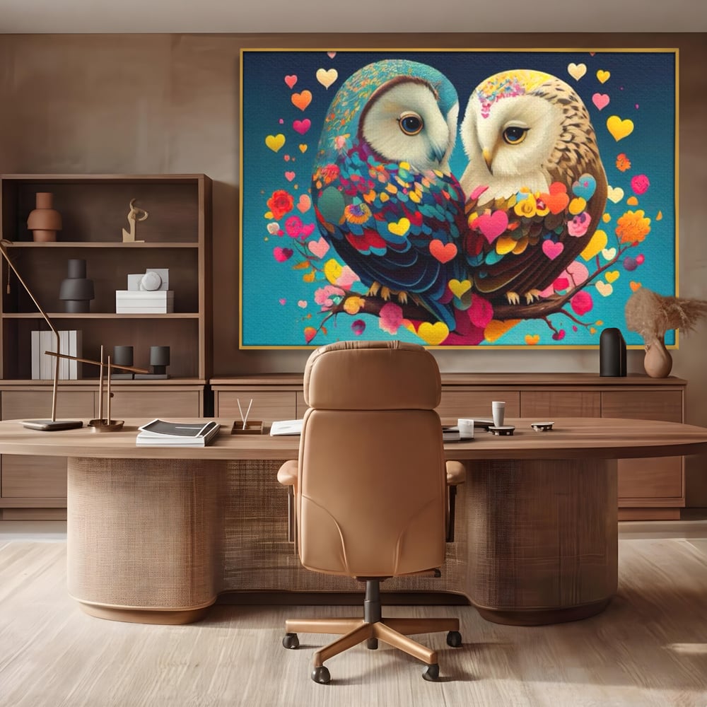 Tablou canvas cu tablou canvas cu doua bufnite colorate si inimi, in rama de aluminiu auriu, pe perete intr-un birou